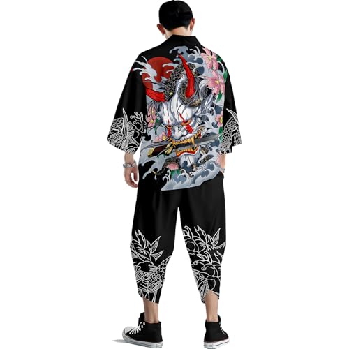 Image of DOSLAVIDA Men's Japanese Kimono Jacket Set Stylish Open Front Coat With Shorts Chinese Style Printed Cardigan Suit