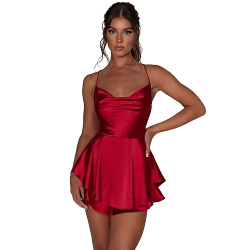 Image of AGYMNX Women Sexy Spaghetti Strap Satin Dress Sleeveless Low Cut Backless Short Romper Dress Party Jumpsuit Mini Sundress