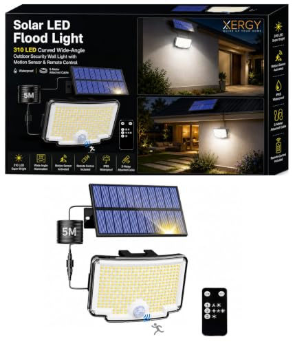 Image of XERGY Solar LED Flood Light - 310 LED Curved Wide-Angle Outdoor Security Wall Light with Motion Sensor & Remote Control | Waterproof | 5-Meter Attached Cable for Home, Garden, Parking, Gate & Yard