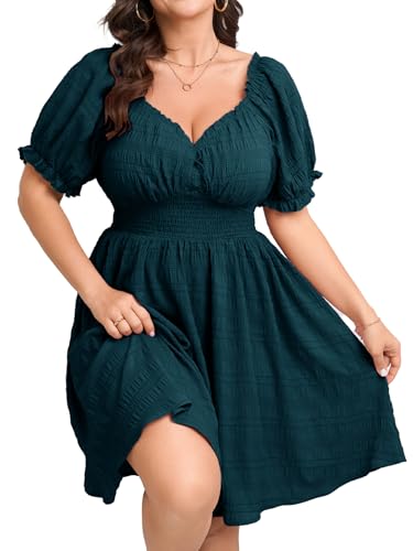 SCOMCHIC Womens Plus Size Summer Dresses Casual Sun Dress Sweetheart V Neck Puff Short Sleeve Smocked A Line Mini Dress Teal