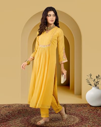 Image of Amazon Brand - Tavasya Women Milky Georgette Zai Sequence Embroide Kurta with Pant Set |Kurta Set|Ethnic Wear|Salwar Suit|3 Piece Set