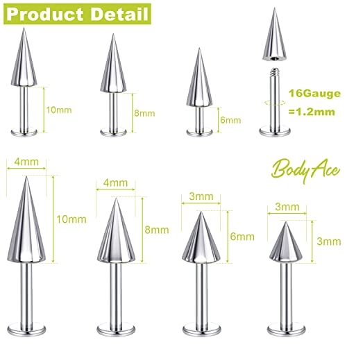 BodyAce 16G Spike Flact Back Earrings Cartilage Lip Rings, Stainless Steel Daith Helix Tragus Studs, Rook Lobe Lip Piercing for Women Men2