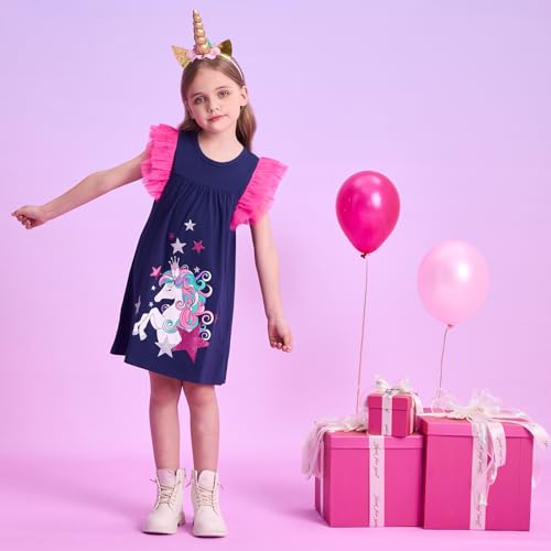 DXTON Toddler Girls Cotton Dress Casual Summer Short Sleeve Cute Cartoon Print A-line Sundress Home School 3-10 Years3