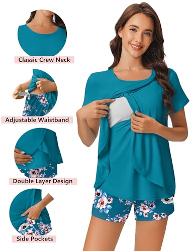 Image of Ekouaer 3 PCS Maternity Nursing Pajamas Set Postpartum Breastfeeding Short Sleeve Shirts, Pregnancy Shorts & Pants Pjs S-XXL