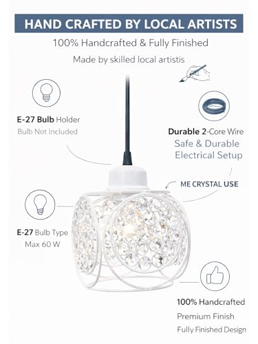 Image of Modern White Metal Crystal Pendant Light | Round Cage Hanging Ceiling Lamp | Decorative Chandelier Light for Living Room, Bedroom, Dining Area | Warm Ambient Lighting (Ring Cube White)