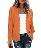 LILBETTER Women's Long Sleeve Button Down V-Neck Hollow Out Pattern Design Open Front Cardigan Sweater(Bright-Orange Small)