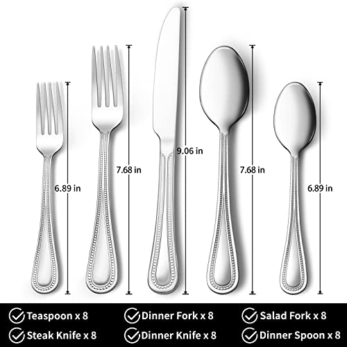 60-Piece Silverware Set, Stainless Steel Flatware Set For 12, Pearled Edge Food-Grade Tableware Cutlery Set, Utensil Sets For Home Restaurant, Mirror Finish, Dishwasher Safe #TOP1