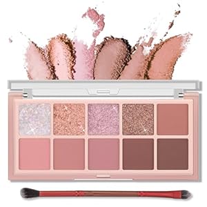 Erinde 10 Farben Glitter Lidschatten Palette, Matte Cream Eyeshadow Palette, Natürlich Nude Lidschattenpalette, Highly Pigmented & Wasserfest Koreanische Augen Makeup Set mit Pinsel – Rose Pink