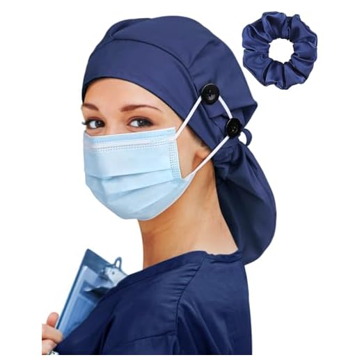 Boné de uniforme médico grande forrado de cetim para mulheres, cabelo longo, touca cirúrgica, 4 botões, Azul marino, Tamanho Único