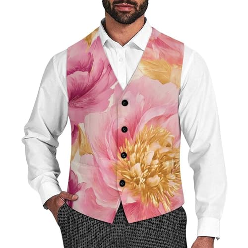 Peonies Flower Suit Vest for Men Waistcoat Dressy V Neck Button Down Sleeveless Business Jacket Coat