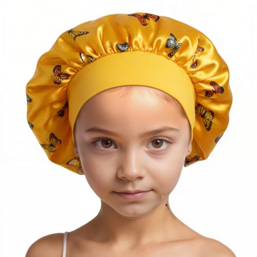 GreatRise Lot de 2 bonnets de nuit en satin pour enfants - Élastiques - Pour dormir - Pour garçons et filles - Respirants - En soie - Pour toutes les coiffures, Papillon - Jaune, taille unique