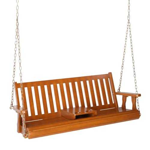 Image of VINGLI Heavy Duty 880 LBS Wooden Patio Porch Swing with Cup Holder, 5 FT Well-Finished Outdoor Swing Chair Bench with Adjustable Chains for Porch, Yard, Balcony, Tree