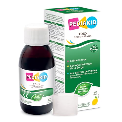 PEDIAKID - Toux Sèche & Grasse - Formule exclusive au sirop d'Agave - Calme la toux - Soulage l'irritation de la gorge - Thym, Plantain, Lierre, Hélichryse - Arôme naturel Citron - Flacon 125 ml