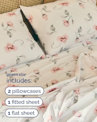 Image of Queen 4 Piece Boho Botanical Floral Sheet Set - Soft & Cooling - Rosebud