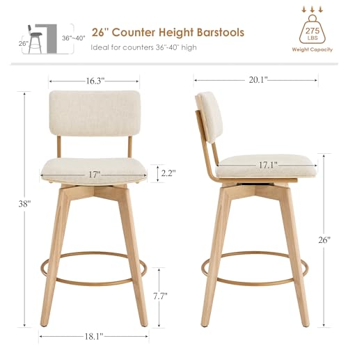 Butacos modernos giratorios ONEVOG de 26 pulgadas, juego de 2, tapizados en tela de lino | Sillas altas para isla de cocina con respaldo y asiento acolchado miniatura 2