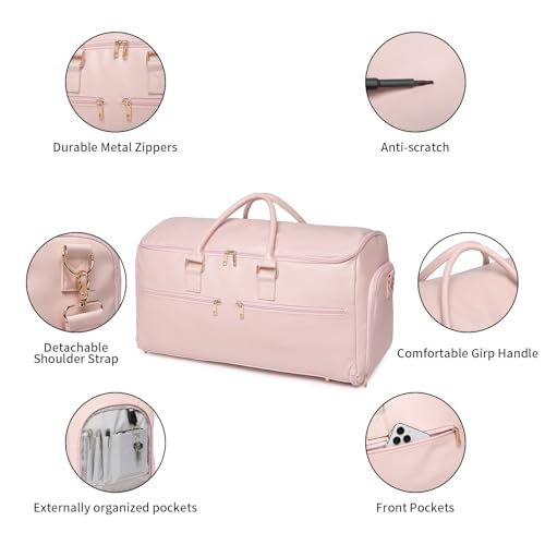 Image of seyfocnia Convertible Travel Garment Bag, Carry On Garment Bag for Women, 2 in 1 Hanging Suitcase Suit Business Travel Bag Weekender Bag, Pink