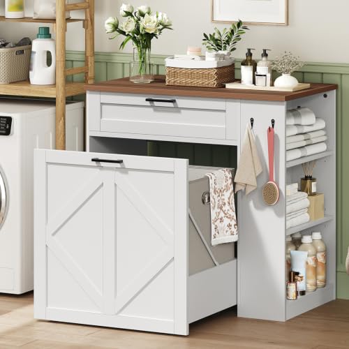 Double Laundry Hamper Cabinet with Baskets and Drawer