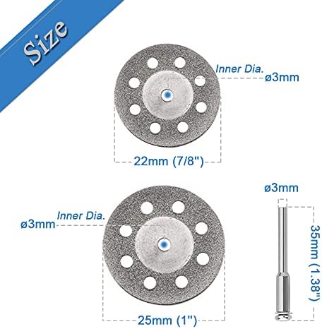 Mesee 20 Pieces Mini Diamond Cutting Wheel, Metal Cut Off Discs with 3mm Mandrel Shank Tile Cutting Blade Stone Rotary Cutter Tool Accessories - Cutting Dia. 22mm/ 25mm