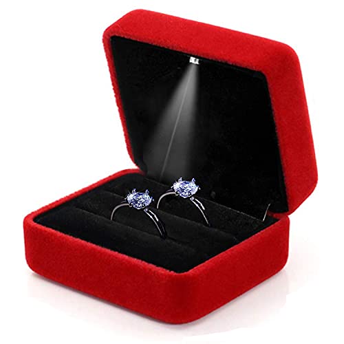 GBYAN Boîte à bague de mariage pour cérémonie en velours avec lumière LED Double fente Boîte à bijoux pour fiançailles, 2 ring holder, Velours Cover