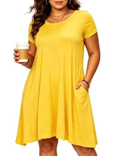 Image of Afibi Womens Short Sleeve Loose Pockets Dress Casual Swing T-Shirt Dresses