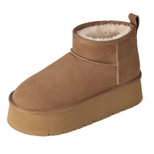 OOW Ankle Platform Boots for Women Genuine Suede Short Winter Snow Boot, Chestnut, 7