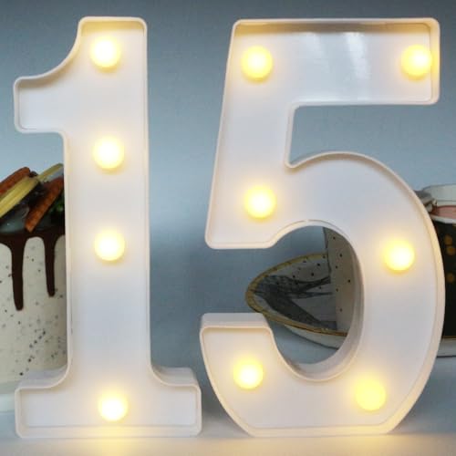 Image of H:7.88 inches Light Up Numbers 15 Sign for Wedding Anniversary, 15th Birthday Party Decorations for Girls, 15th Birthday Centerpieces Table Decorations for Boys, Quinceanera Party Decorations