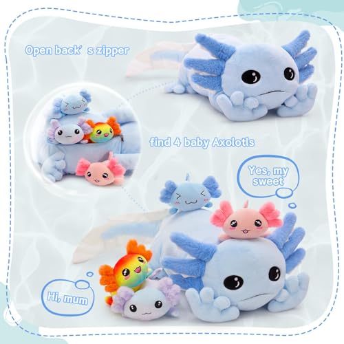 Image of MaoGoLan 5 Pcs Axolotl Stuffed Animal with 4 Babies, 31.5 inch, Blue | Glow in The Dark Axolotl Plush Pillow for Girl Boy Kid, Soft Long Salamander Plushies for Birthday Gift Baby Shower Decor,