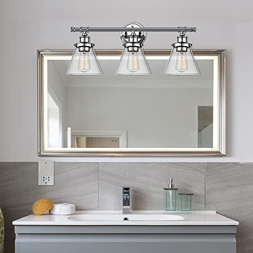 Image of Globe Electric 51445 Parker 3-Light Vanity Light, Chrome, Clear Glass Shades, Bulb Not Included