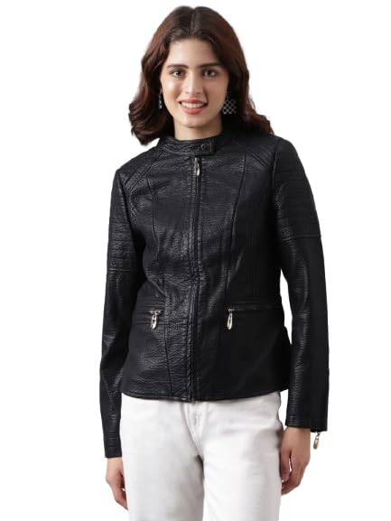 Women's Black Collared Casual Solid Biker Jacket-image-42
