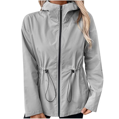 MJGkhiy Veste Imperméable Femme Coupe Vent Trench Imperméable Randonnée Veste De Pluie À Capuche Sport Léger Vestes Grande Taille Voyage Softshell Course Raincoat En Plein Air, gris, M