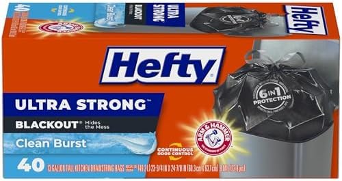 Image of Hefty Ultra Strong Trash Bags 13 Gallon Black | Tall Kitchen | Drawstring Closure | Odor Control | Clean Burst Scent | 40 Bags, Pack of 6