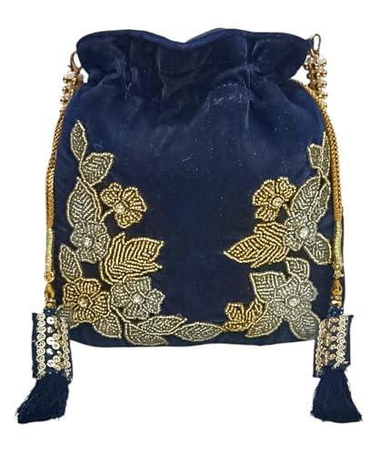 Image of Velvet Potli Bag with Golden & Silver Beaded Flower Embroidery - Handcrafted Ethnic Drawstring Bag for Weddings, Parties & Festive Gifts - Beaded Handle & Tassels for Women