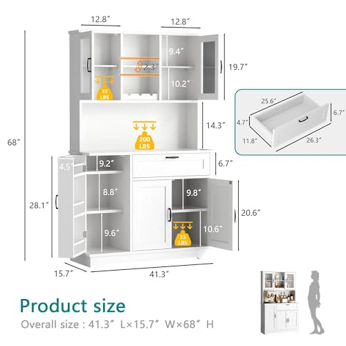 Vongrasig Kitchen Pantry Cabinet, Farmhouse Kitchen Hutch Tall Storage Cabinet with Doors and Shelves, Modern Food Pantry for Dining Room, White - Thumbnail 2