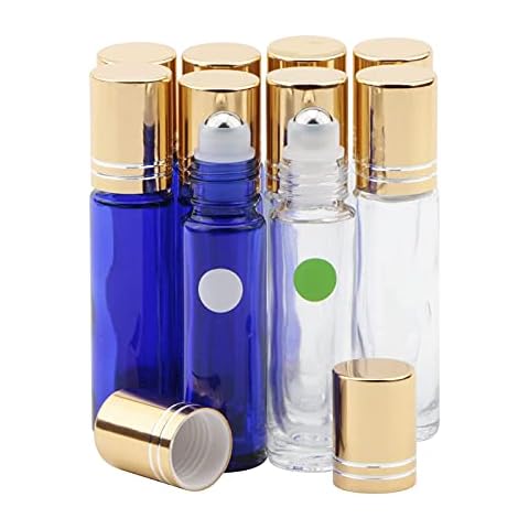 Rowiz 10ml Roll on Bottles for Essential Oils, Glass Perfume Roller Bottles with Stainless Steel Ball, Empty Essential Oil Bottles Set of 5 Clear & 5 Blue Cover