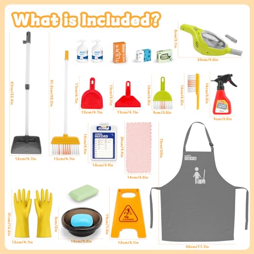 deAO Kids Cleaning Set for Toddler, Pretend Play Housekeeping Toy with Cleaning Carts Includes Working Vacuum Cleaner, Broom, Dust and More (Red)