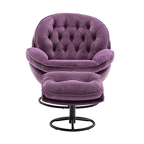 Velvet Swivel Accent Chair With Ottoman, Modern Lounge Chair Armchair With 360 Degree Swiveling Metal Base & Footrest, Comfy Upholstered Single Sofa Chair For Living Room Bedroom Office, Purple #TOP4