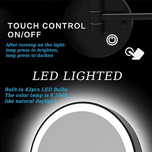 Jmfhcd Led Makeup Mirror With Lights And 10X Magnification Vanity Mirror Wall Mounted Round Double Sided Vanity Magnifying With 360° Swivel Extendable Arm Make Up Mirror,Black,Hard Wired #TOP4