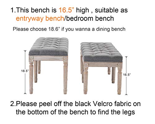 Kmax Upholstered Entryway Bench, Rustic Ottoman Bench With Carved Pattern & Rustic White Brushed Rubber Wood Legs, Gray #TOP1