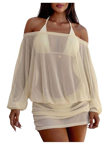 Robe de plage froncée transparente pour femmes - Mini robe d'été beige épaules dénudées