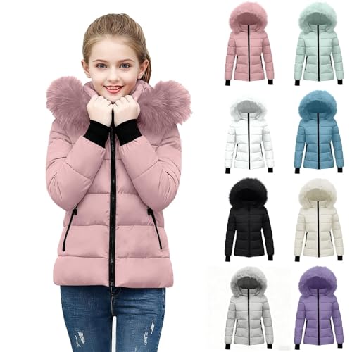 Chaqueta de invierno para niñas con capucha de pelo sintético, chaqueta puffer con cremallera, cuello falso, plumón, acolchada, ropa exterior para otoño, térmica, cortavientos, ligera, chaqueta de