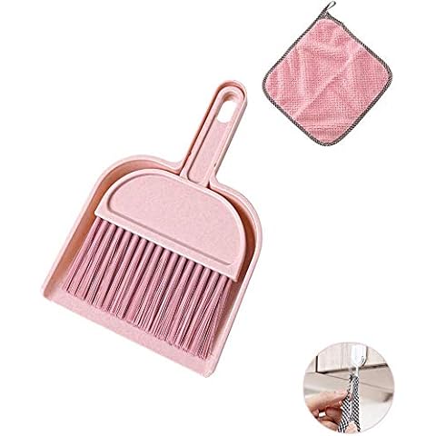 meioro Mini Dustpan and Brush Set, Multi-Functional Cleaning Tool with Hand Broom Brush, Plastic Dust Pan, Coral Fleece Dishtowel/Cleaning Cloth for Home Kitchen Keyboard Cars (Pink, Pack of 2) Cover
