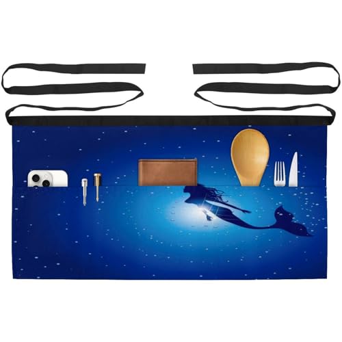 Tablier court de cuisine lot de 3 avec 3 poches pour bistrot bar bleu sirène 60x30cm