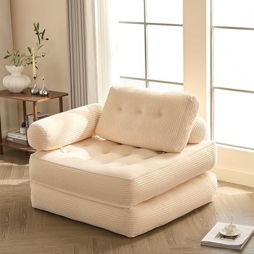 Litbird Canapé Lit 4-en-1 Pliable – Fauteuil Convertible, Canapé Type Pouf, Lit Pliant 1 Place, Idéal pour Petit Espace, Chambre ou Salon (Blanc Cassé,...