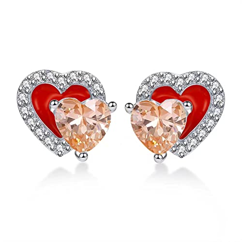 Heart Birthstone Stud Earrings - Sparkling Double Dainty Red Enamel Hearts Forever Love 925 Sterling Silver Platinum Plated 12 Months Zircon Birthday Gifts for Women Girls