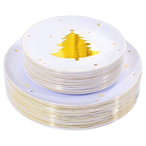 WDF 50Pieces Gold Plastic Plates-Christmas Tree Plastic Plates-Heavyweight White and Gold Disposable Plates for Christmas WDF 50Pieces Gold Plastic Plates-Christmas Tree Plastic Plates-Heavyweight White and Gold Disposable Plates for Christmas