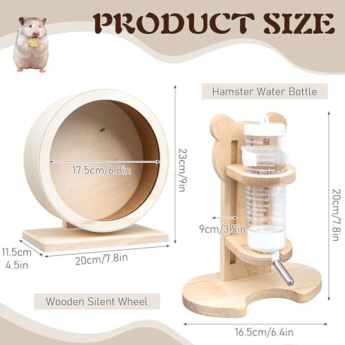 2 Pcs Wooden Hamster Wheel & Water Bottle Holder Set, Small Pets Silent Exercise with Water Bottle Stand, Running Spinner Wheel Play Toy for Syrian Hamsters Gerbils Rat Mice Dwarf Small Chinchilla - Image 2