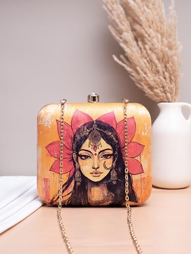 Image of Artklim Printed Box Clutch for Girls - Cross Body Purse with Detachable Golden Chain Strap