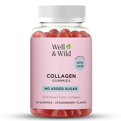 Well & Wild Collagen Gummies with Vitamin C – Marine Collagen Supplement for Skin & Hair Support – No Added Sugar – Strawberry Flavour – 60 Gummies (30 Day Supply)