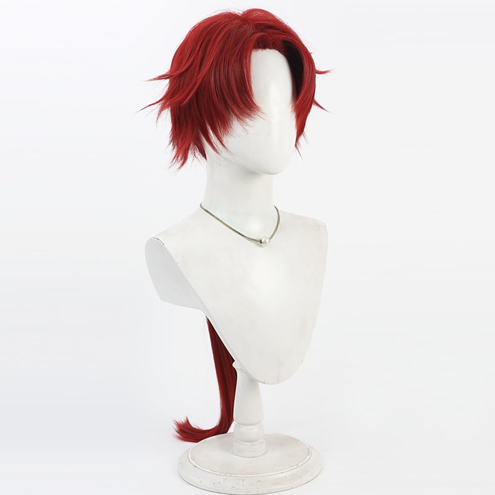 Men Cosplay Wig Anime Red Long Ponytails Straight Hair Synthetic Fiber Wig for Halloween Costume Party
