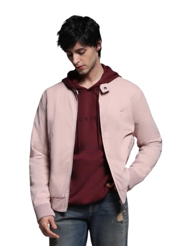 Image of Jack & Jones Men's Mock Collar Solid Cotton Casual Bomber Jacket, Standard Length